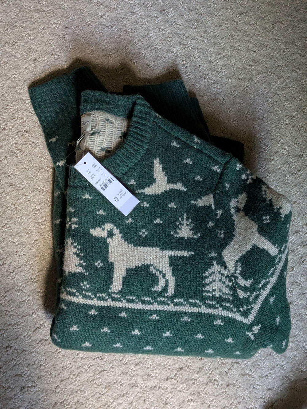 J. Crew Lambswool Fair Isle Crewneck Sweater - Forest Green Dog Pattern